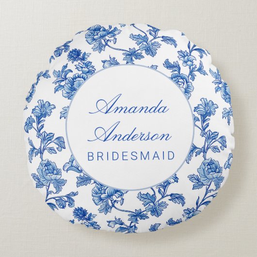 青と白のシノワズリーブライドメイドギフト ラウンドクッション (正面)