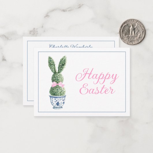 青と白のシノワズリーラビットトピアリー ノートカード (正面/裏面インサイチュ)