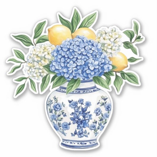 青と白のシノワズリー花瓶とアジサイ シール (正面)
