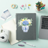 青と白のシノワズリー花瓶とアジサイ シール (iPadカバー)