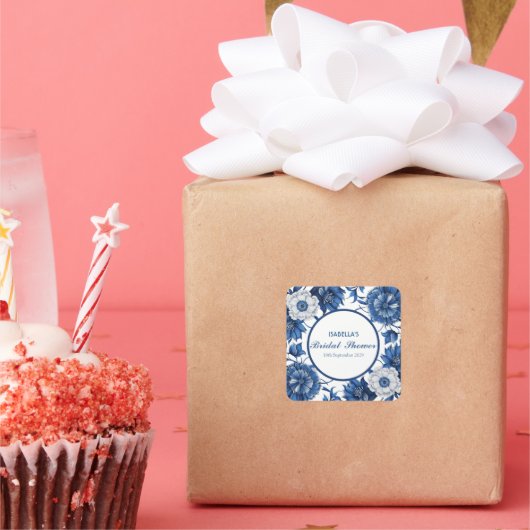 青と白のシノワズリ・アンティーク・パターン ブライダル スクエアシール (パーティー)