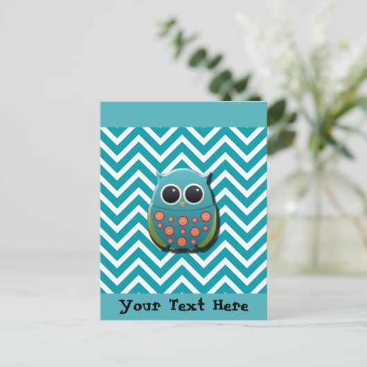 青と白のシボロンにかわいい青と緑のフクロウ ポストカード (スタンド正面)