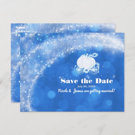 青と白のシンデレラの馬車 ウェディング セーブザデート 案内ポストカード (正面/裏面)