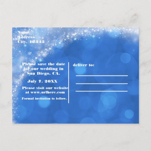 青と白のシンデレラの馬車 ウェディング セーブザデート 案内ポストカード (裏面)