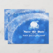 青と白のシンデレラの馬車 ウェディング セーブ・ザ・デート 案内ポストカード (正面/裏面)