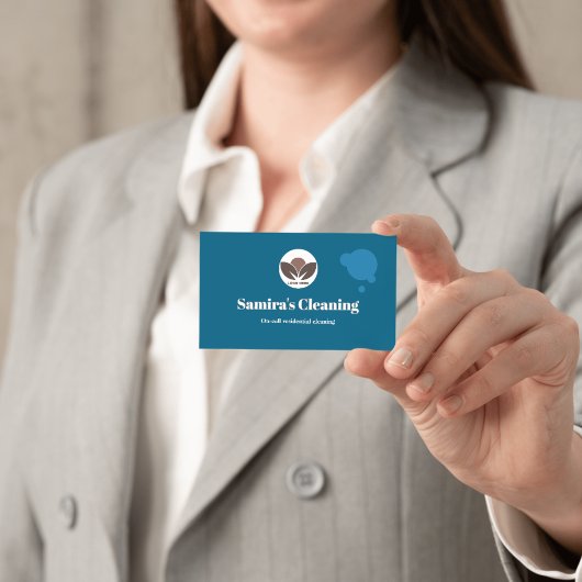 青と白のシンプル清掃サービス 名刺
