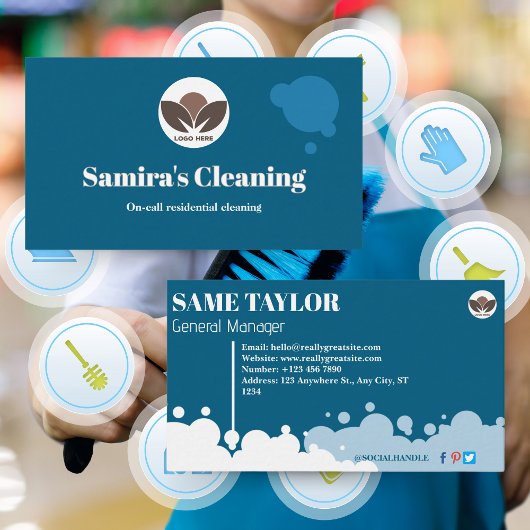 青と白のシンプル清掃サービス 名刺