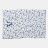 青と白のシーシェルヒトモノグラム航海の キッチンタオル (横)