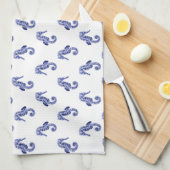 青と白のシーホースのキッチンタオル キッチンタオル (四つ折り)