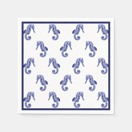 青と白のシーホースプリント スタンダードカクテルナプキン (正面)
