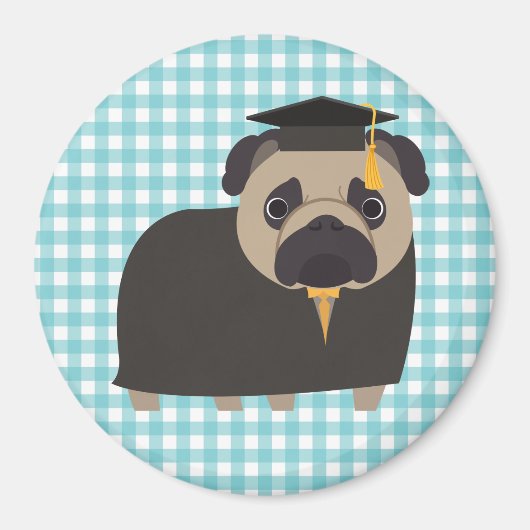 青と白のジンガムデザインでPug マグネット (正面)