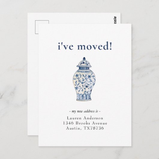 青と白のジンジャージャーの瓶の移動のお知らせ ポストカード (正面/裏面)