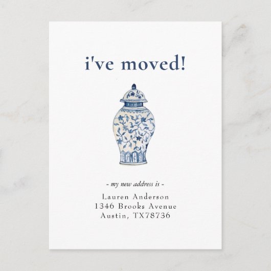 青と白のジンジャージャーの瓶の移動のお知らせ ポストカード (正面)