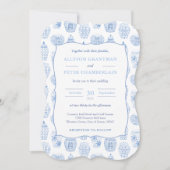 青と白のジンジャージャーの瓶結婚Chinoiserie's 招待状 (正面)