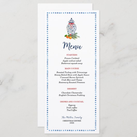 青と白のジンジャージャールのクリスマスディナー メニュー (正面/裏面)