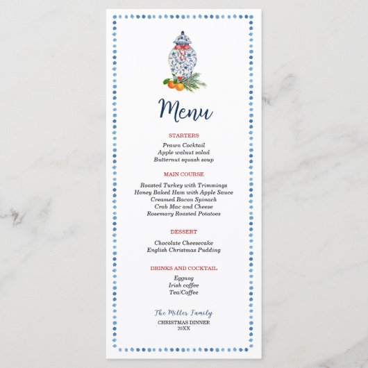 青と白のジンジャージャールのクリスマスディナー メニュー (正面)