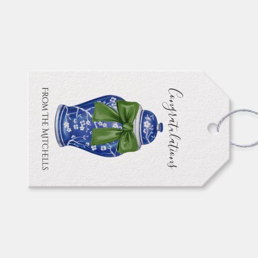 青と白のジンジャー瓶と緑の弓 ギフトタグ (正面(横))