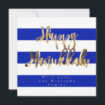 青と白のスクリプエレガントトHappy Hanukka シーズンカード<br><div class="desc">ハッピーハヌカエレガントータイポグラフィスフェイククリプト、金の箔の文字と青と白のイスラエルの旗の色のパターストライプのン、シックなハヌカーモダンカード</div>