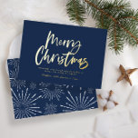 青と白のスクリプト陽気クリスマスの非写真のために 箔シーズンカード<br><div class="desc">ネイビーブルーと白のスクリプトメリークリスマス非フォトスターモダンバーストデザイン。</div>