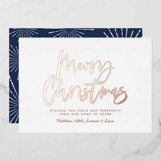 青と白のスクリプトmerryクリスマスの非写真 箔シーズンカード (正面/裏面)