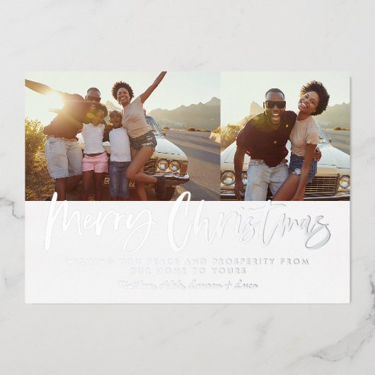 青と白のスクリプトmerryクリスマスフォト数々のー 箔シーズンカード (正面)
