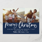 青と白のスクリプトmerryクリスマスフォト数々のー 箔シーズンカード (正面)