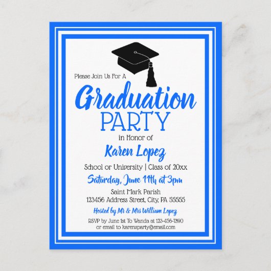 青と白のスクールカラーズグラードパーティー インビテーションポストカード (正面)