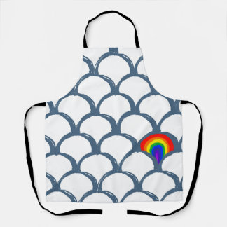青と白のスケッチホタテガイのパターンと虹 エプロン