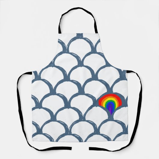 青と白のスケッチホタテガイのパターンと虹 エプロン (正面)