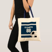 青と白のスストライプジャージーのサッカーボール トートバッグ (正面(商品))