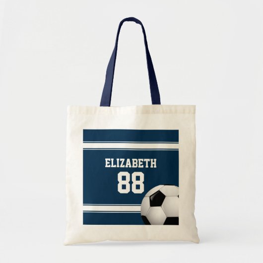 青と白のスストライプジャージーのサッカーボール トートバッグ (正面)