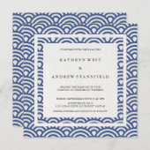 青と白のスタイリッシュな波 エレガントなビーチウェディング 招待状 (正面/裏面)