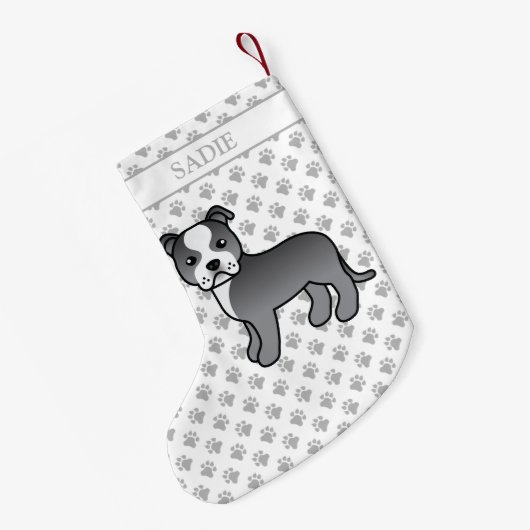 青と白のステフィーかわいい漫画の犬と名前 スモールクリスマスストッキング (裏面 (吊り時))