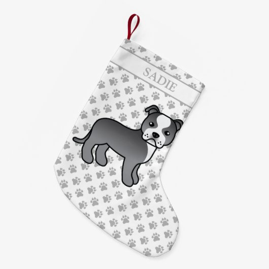 青と白のステフィーかわいい漫画の犬と名前 スモールクリスマスストッキング (正面 (吊り時))