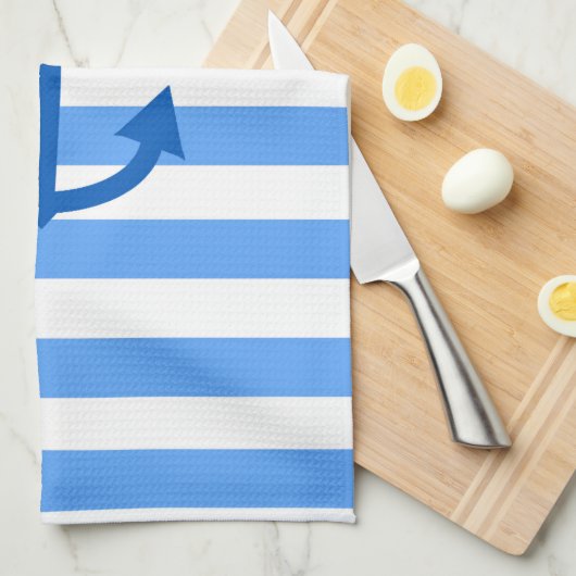 青と白のストライプいかりパターン キッチンタオル (四つ折り)