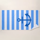 青と白のストライプいかりパターン ビーチタオル (正面)