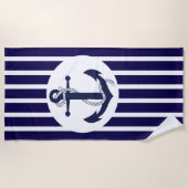 青と白のストライプいかり ビーチタオル (正面)