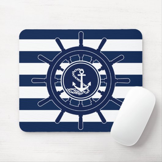 青と白のストライプいかり、船の車輪のシンボル マウスパッド (マウス)