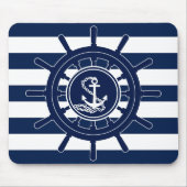 青と白のストライプいかり、船の車輪のシンボル マウスパッド (正面)