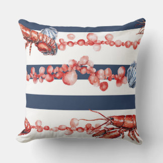青と白のストライプと赤いロブスターと貝殻 クッション
