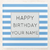 青と白のストライプのハッピーバースデー ガラスコースター (正面)