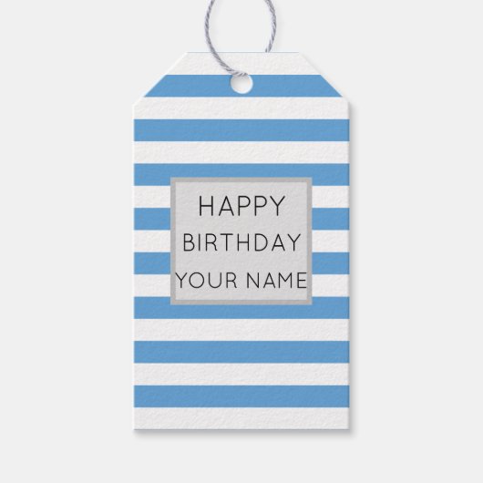 青と白のストライプのハッピーバースデー ギフトタグ (正面)