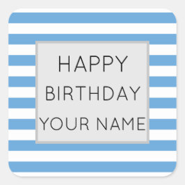 青と白のストライプのハッピーバースデー スクエアシール