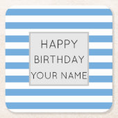 青と白のストライプのハッピーバースデー スクエアペーパーコースター (正面)
