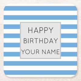 青と白のストライプのハッピーバースデー スクエアペーパーコースター