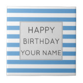 青と白のストライプのハッピーバースデー タイル (正面)