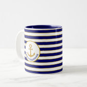 青と白のストライプのファミリーアンカー ツートーンマグカップ (正面左)
