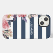 青と白のストライプのモノグラムiPhoneケース iPhoneケース (裏面横)