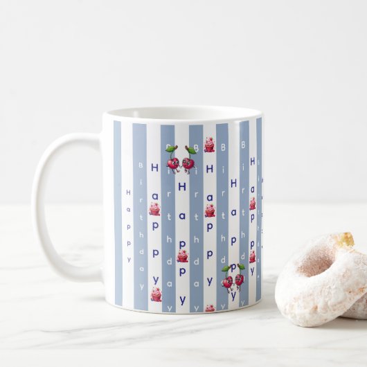 青と白のストライプの誕生日おめでとう コーヒーマグカップ (ドーナツ)