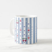 青と白のストライプの誕生日おめでとう コーヒーマグカップ (正面左)